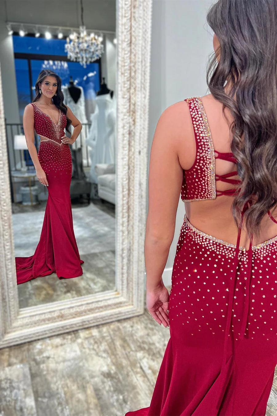 Beaded V-Neck Cutout Trumpet Long Prom Dress