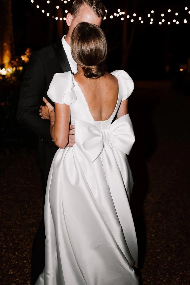 Princess Ball Gown V Neck Heavy Satin Floor-Length Long Wedding Dresses with Ruffled Sleeves