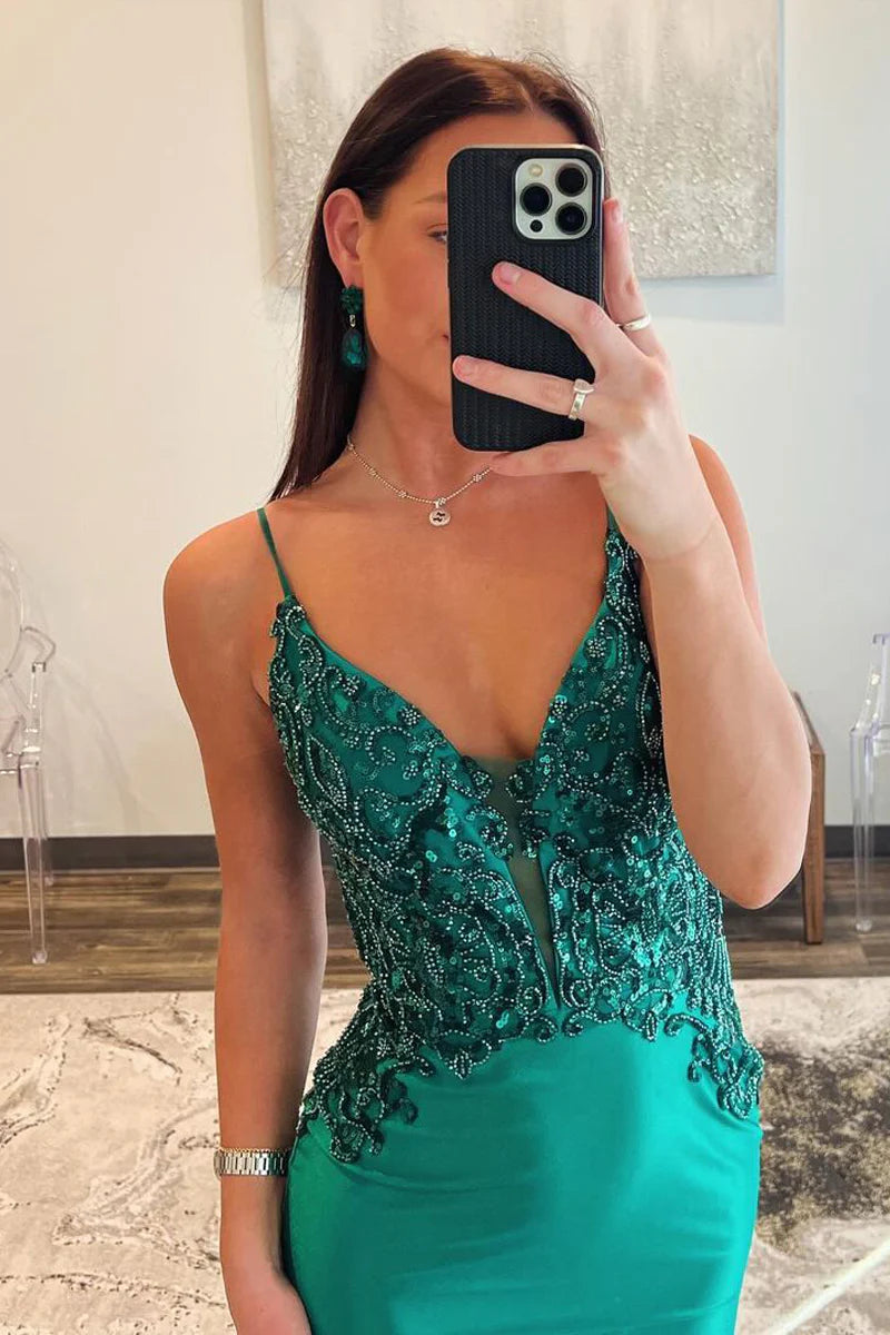 Mermaid V Neck Spaghetti Strap Satin Applique Long Prom Dress with Beading