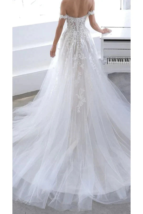 Fairy A Line Off the Shoulder V-Neck Tulle Wedding Dresses with Appliques 