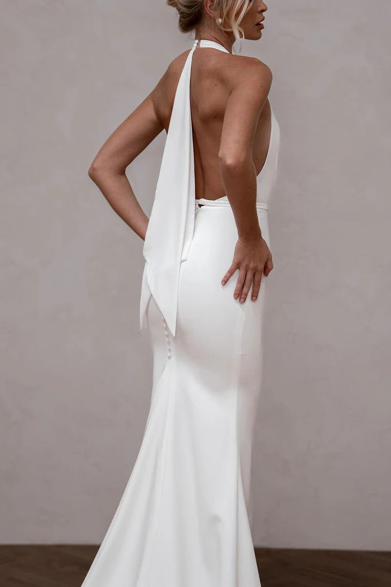 Elegant Mermaid Deep V Neck Halter Satin Wrap The Buttocks Long Wedding Dress