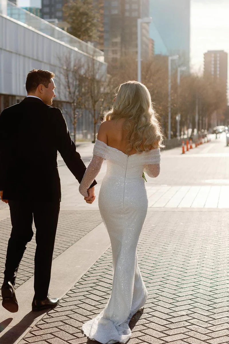 Sparkly Mermaid Off the Shoulder Long Sleeves Sequins Wedding Dresses