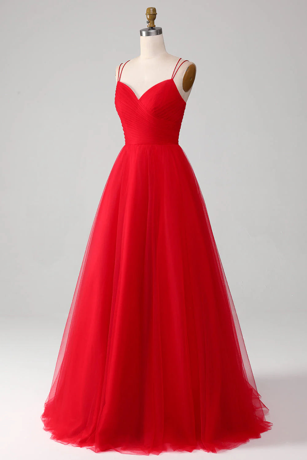 Red Spaghetti Strap Ball-Gown/Princess V-Neck Tulle Pleated Long Prom Dress