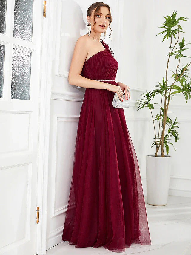 A-Line Prom Dresses Vintage Dress Wedding Party Floor Length Sleeveless One Shoulder Tulle with AppliquesA-Line Prom Dresses Vintage Dress Wedding Party Floor Length Sleeveless One Shoulder Tulle with Appliques