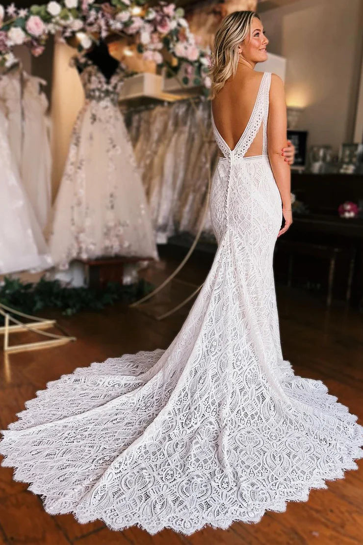 Elegant Mermaid Plunge V Lace Backless Wrap The Buttocks Wedding Dresses with Train