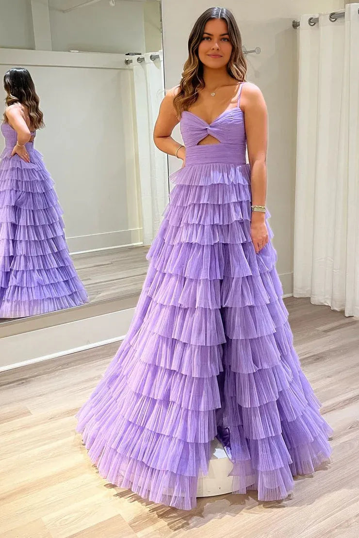 A-Line Keyhole Ruffle Twist-Front Tiered Spaghetti Strap Tulle Long Prom Dresses