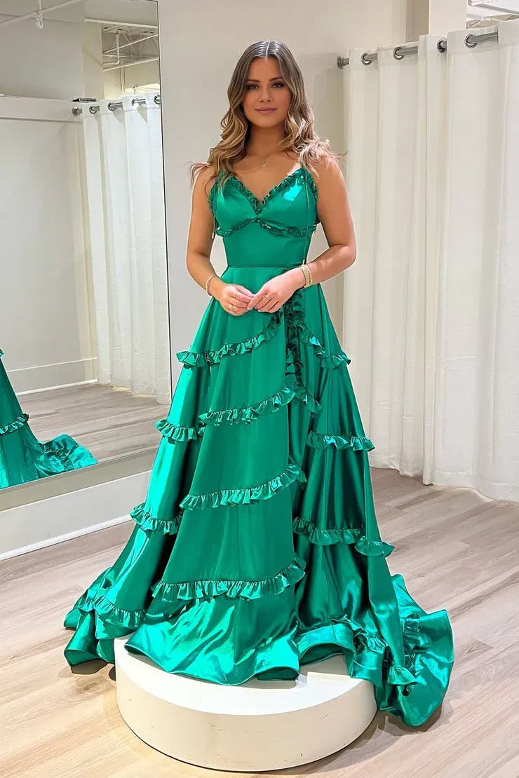 A-Line V Neck Green Spaghetti Strap Satin Ruffle Long Prom Dress