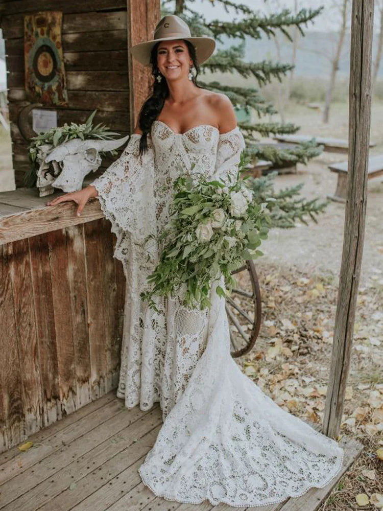 Bohomian Mermaid V Neck Off-the-Shoulder Lace Long Sleeve Beach Wedding Dresses