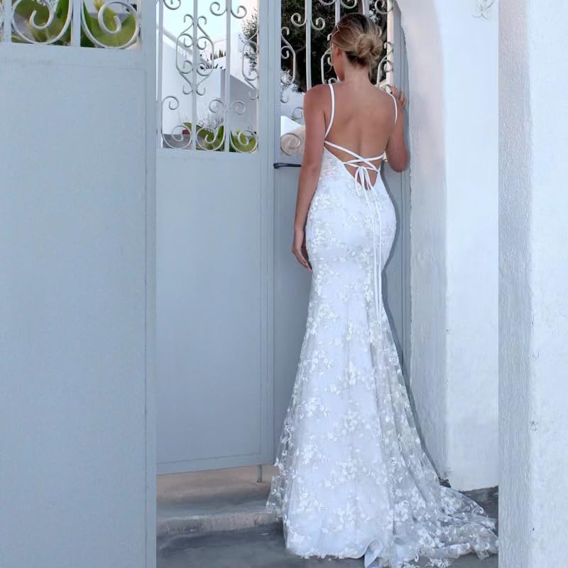 New Pattern Wedding Dress Lace Applique Spaghetti Straps Mermaid V Neck Open Back Bodycon Long Bridal Gown Formal Women's Dresses