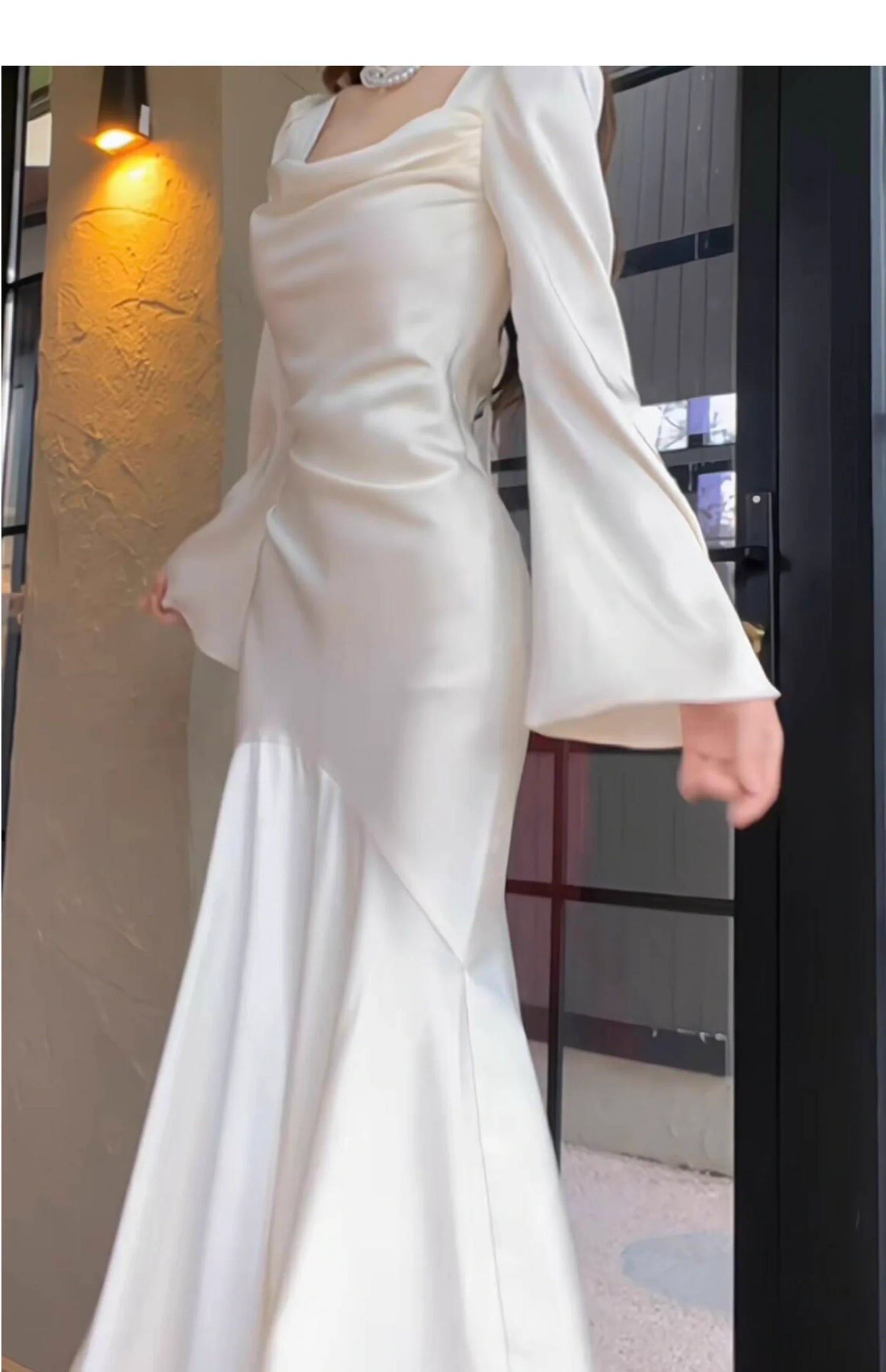 New Pattern Wedding Dress Square Neck Mermaid Cultivate oneself Long Sleeves Long Formal Dresses