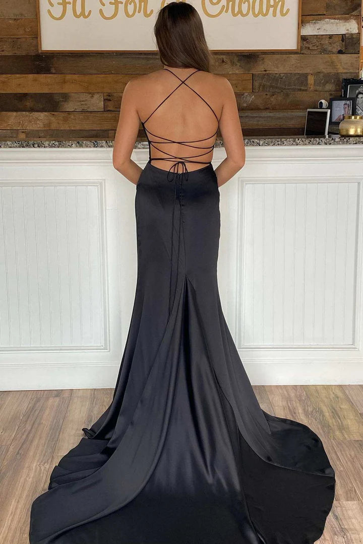 Elegant Lace-Up Long Formal Dress with Slit