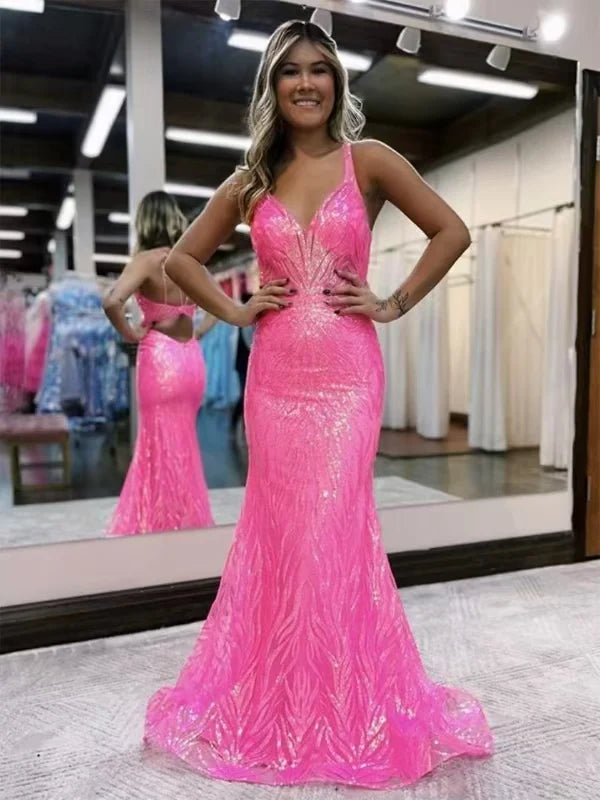 My Hers Ladies Formal Dress Sheath/Column V-Neck Sleeveless Sweep/Brush Charming Sparkle Prom Dress