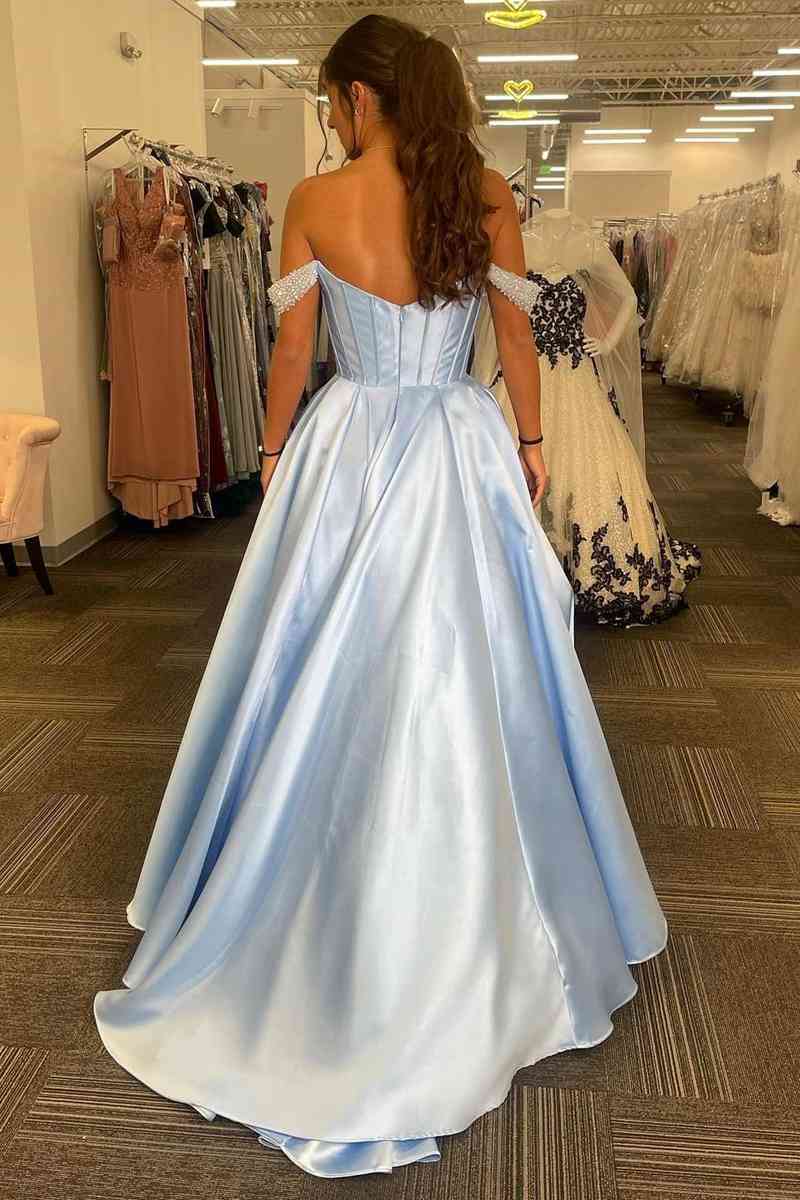 A-Line Sweep/Brush Train Dresses Corset Cap Sleeve Off-the-Shoulder Beaded Prom Gown