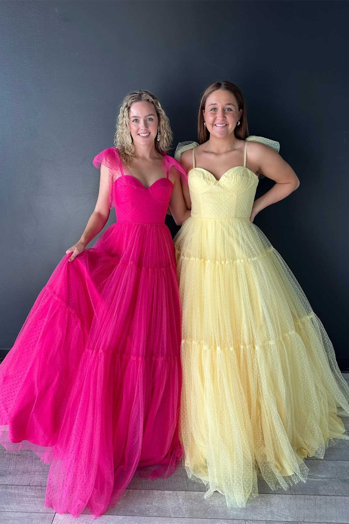 A-Line Floor Length Swiss Dot Tulle Prom Dress with Bow Tie