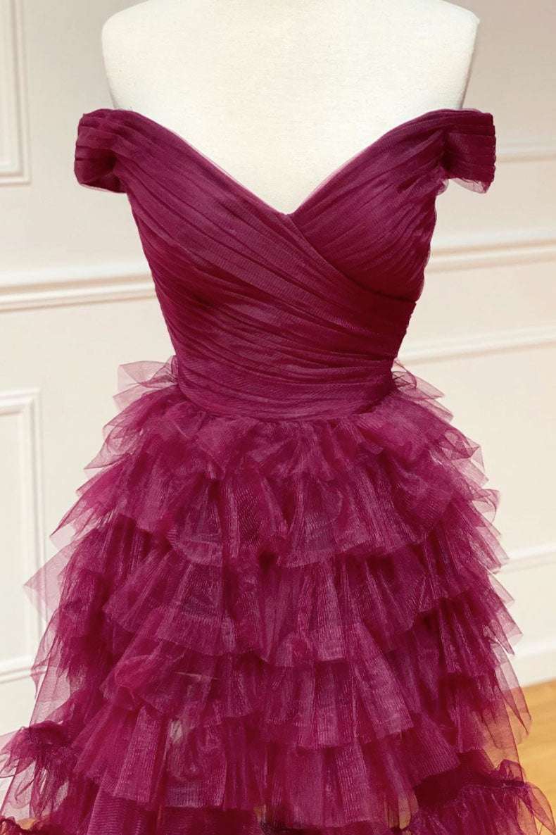 Dark Berry Layers Sweep/Brush Train Evening Dresses Off the Shoulder Pleated Sheer Tiered Prom Dress