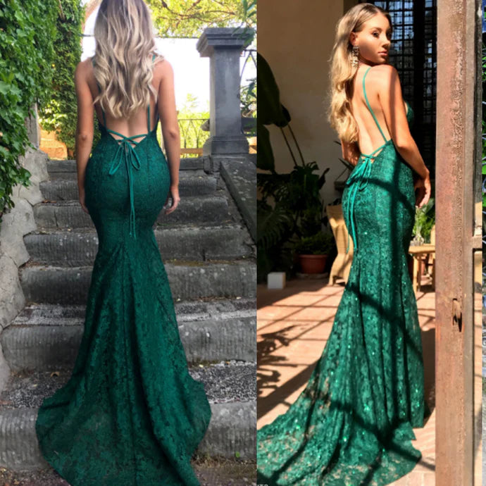 Sheath Mermaid A Line Spaghetti Straps Backless Prom Dress Brush Train Dresses