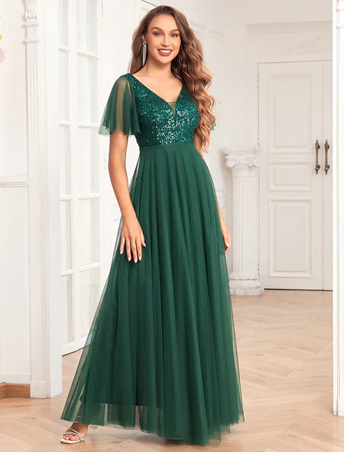 A-Line Party Dresses Evening Party Wear Floor Length Short Sleeve V Neck Chiffon V Back with Glitter Sequin