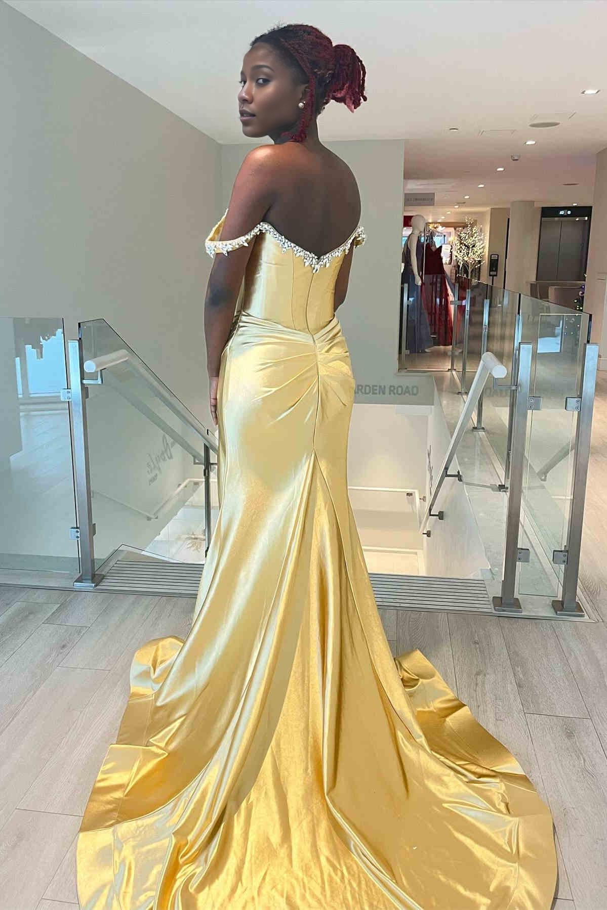 Sheath Mermaid Off the Shoulder Sweep/Brush Train Evening Dresses Beaded Royal Blue Prom Dress with Slit