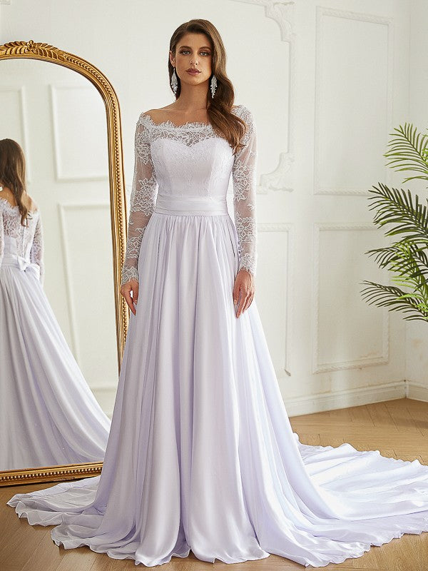 A-Line/Princess Satin Chiffon Lace Off-the-Shoulder Long Sleeves Cathedral Train Wedding Dresses With Slit