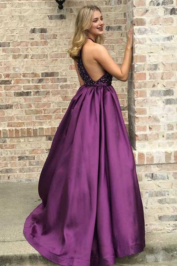 A Line High Neck Purple Long Prom Dresses Beaded Elegant Junior Prom Dress