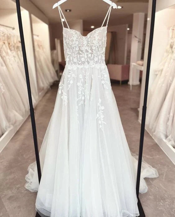 New Pattern Wedding Dress A Line Applique Spaghetti Strap Wedding Dresses Lace Tulle Elegant Formal Dresses