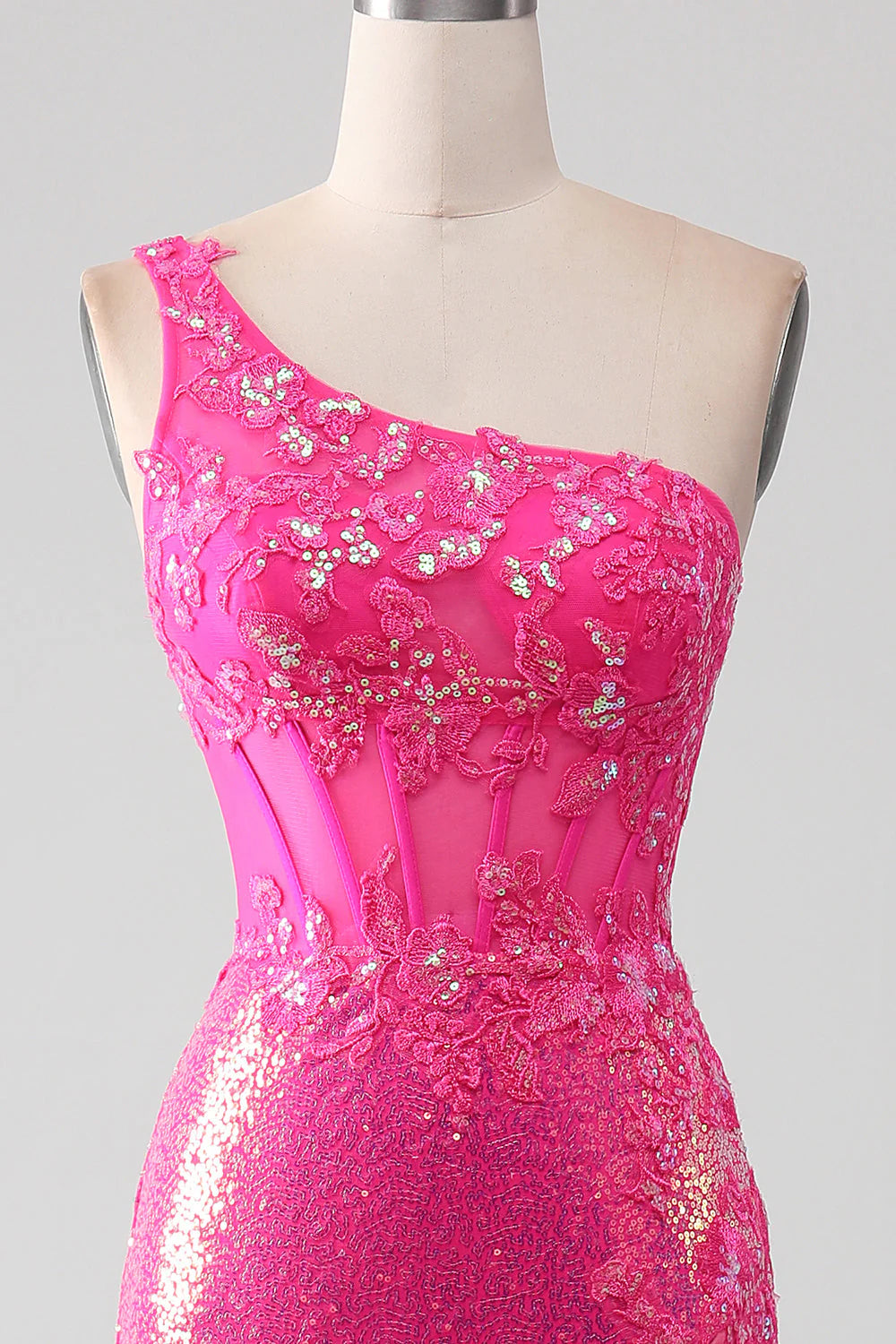 Sparkly Fuchsia Mermaid One Shoulder Appliques Sequin Prom Dress With Slit 
