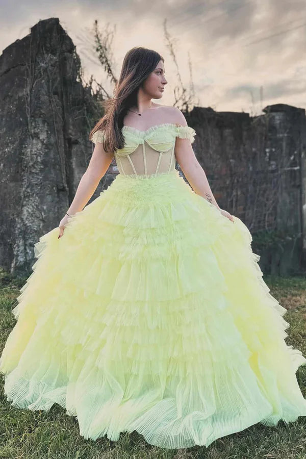Off the Shoulder Light Ruffle Layered Prom Dress