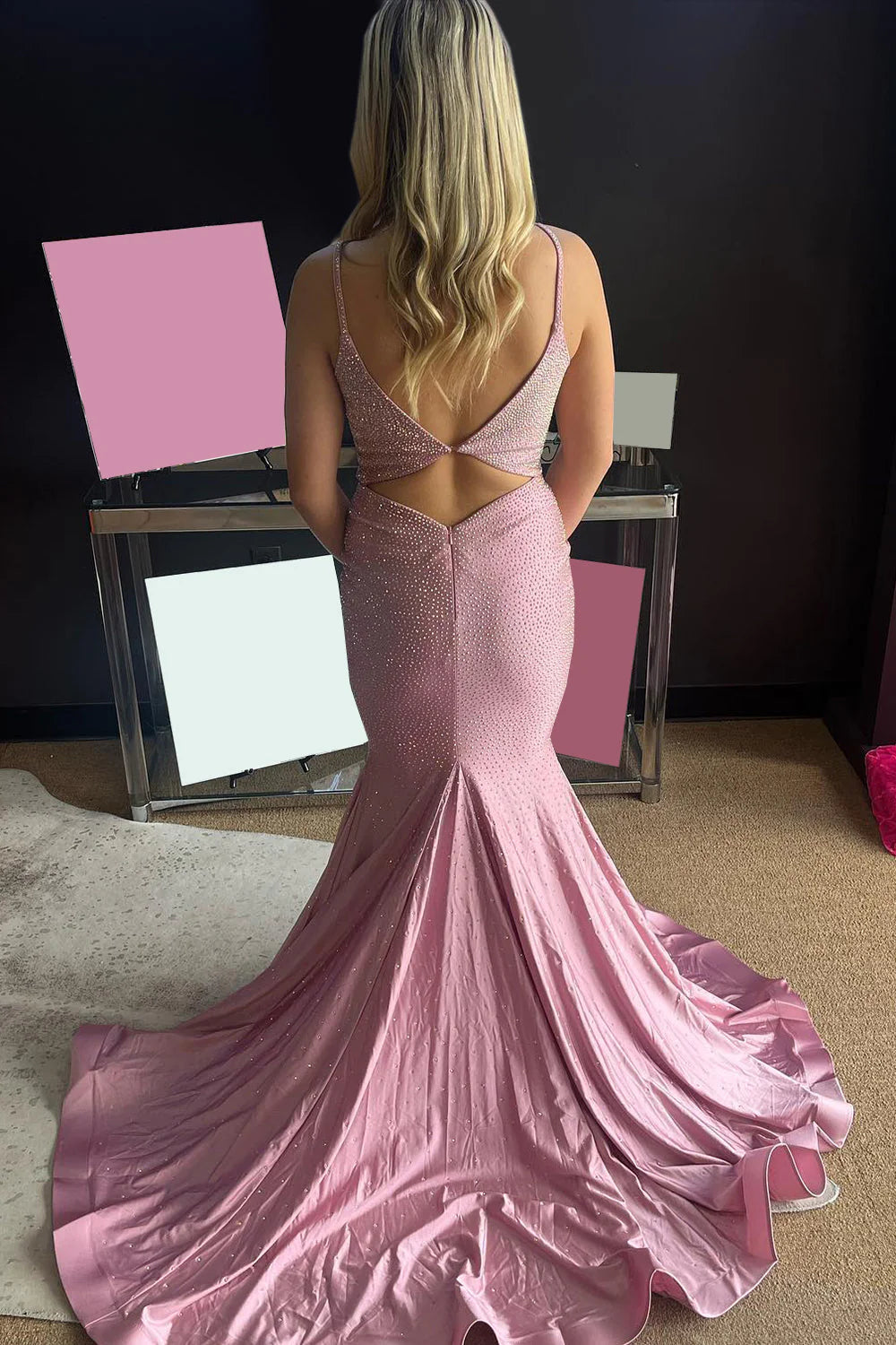 Light Pink V-Neck Spaghetti Straps Keyhole Floor-Length Beaded Long Prom Dress
