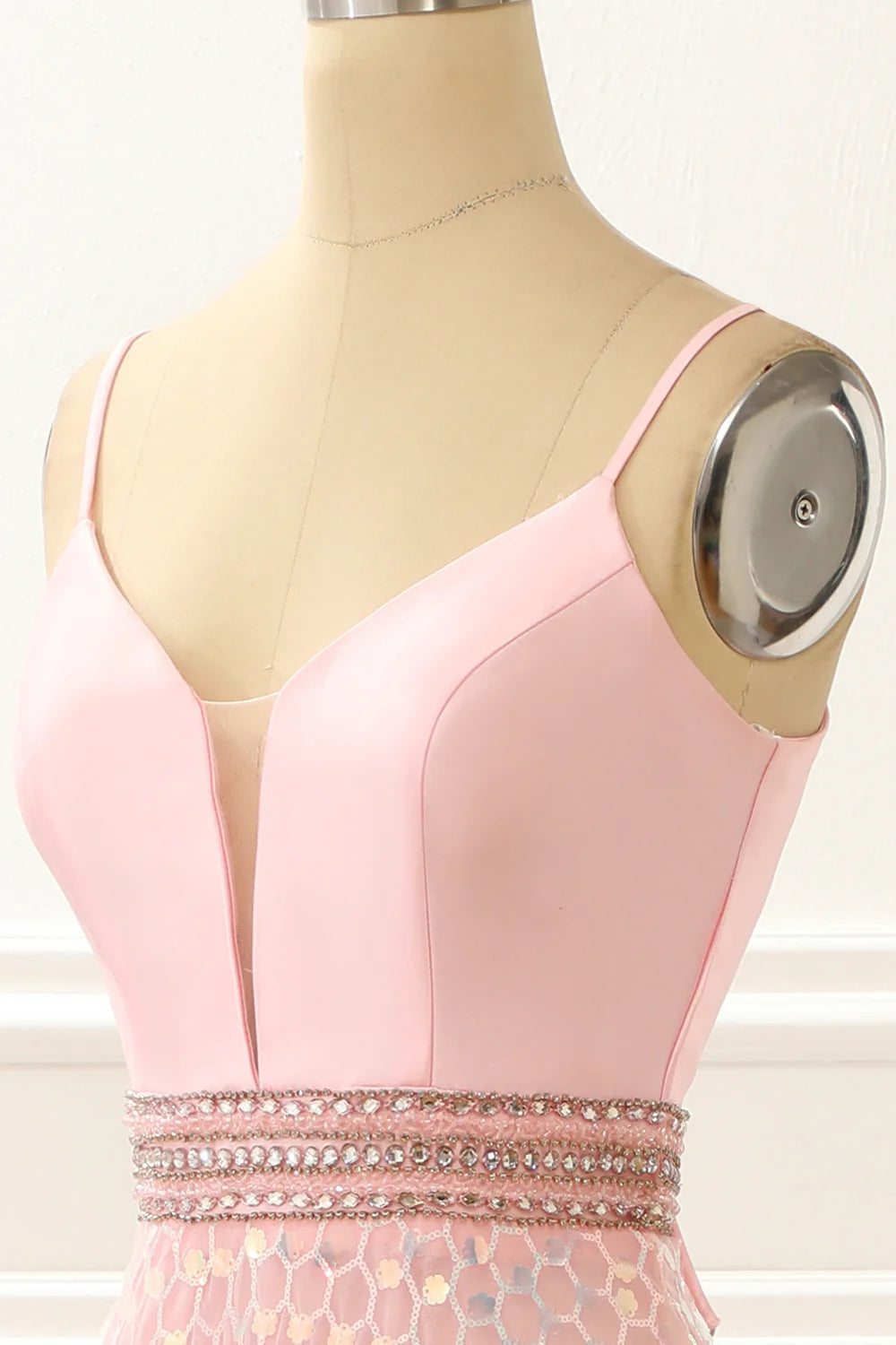 Spaghetti Straps A Line Plunge V Pink Lace-Up Back Prom Dress with Beading