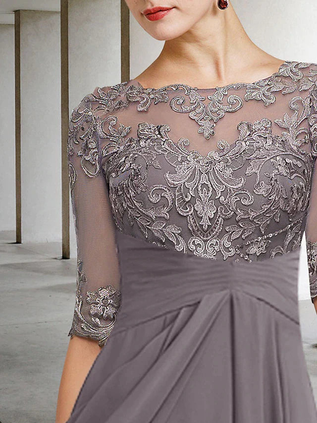 A-Line Mother of the Bride Dress Plus Size Elegant High Low V Neck Asymmetrical Ankle Length Chiffon Lace Half Sleeve with Beading Appliques