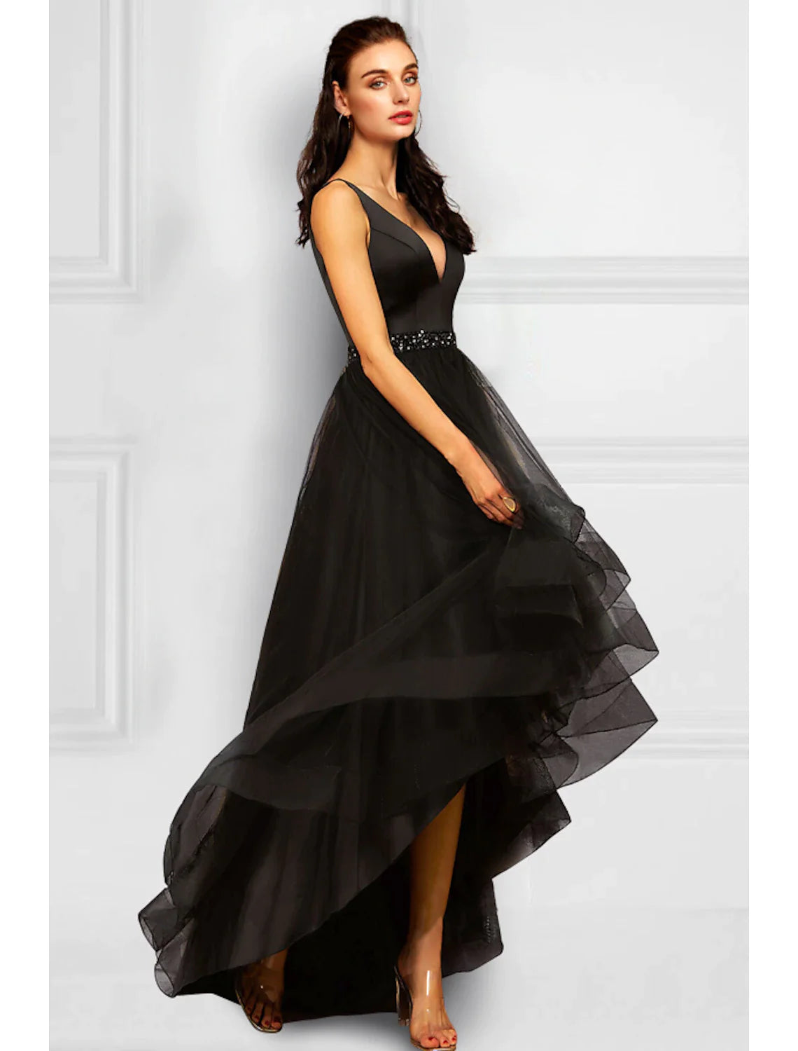 A-Line Cocktail Dresses Elegant Dress Party Wear Wedding Party Asymmetrical Sleeveless V Neck Organza with Rhinestone Ruffles