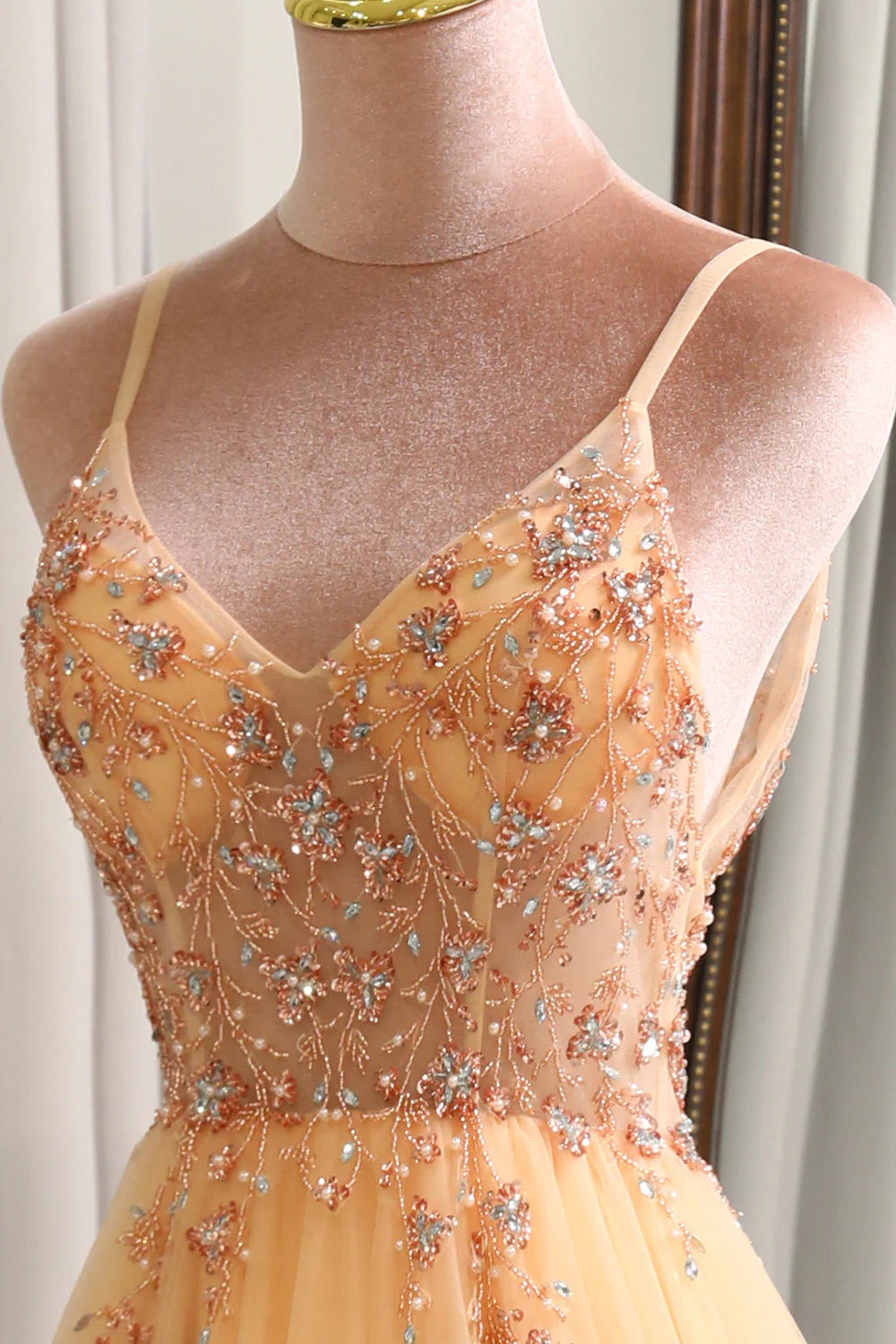 Charming A Line V-Neck Spaghetti Straps Golden Split Fork Long Prom Dress with Beading 