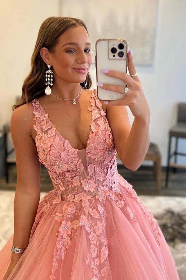 Neck Tulle Appliques Blush Pink Prom Dress with Slit