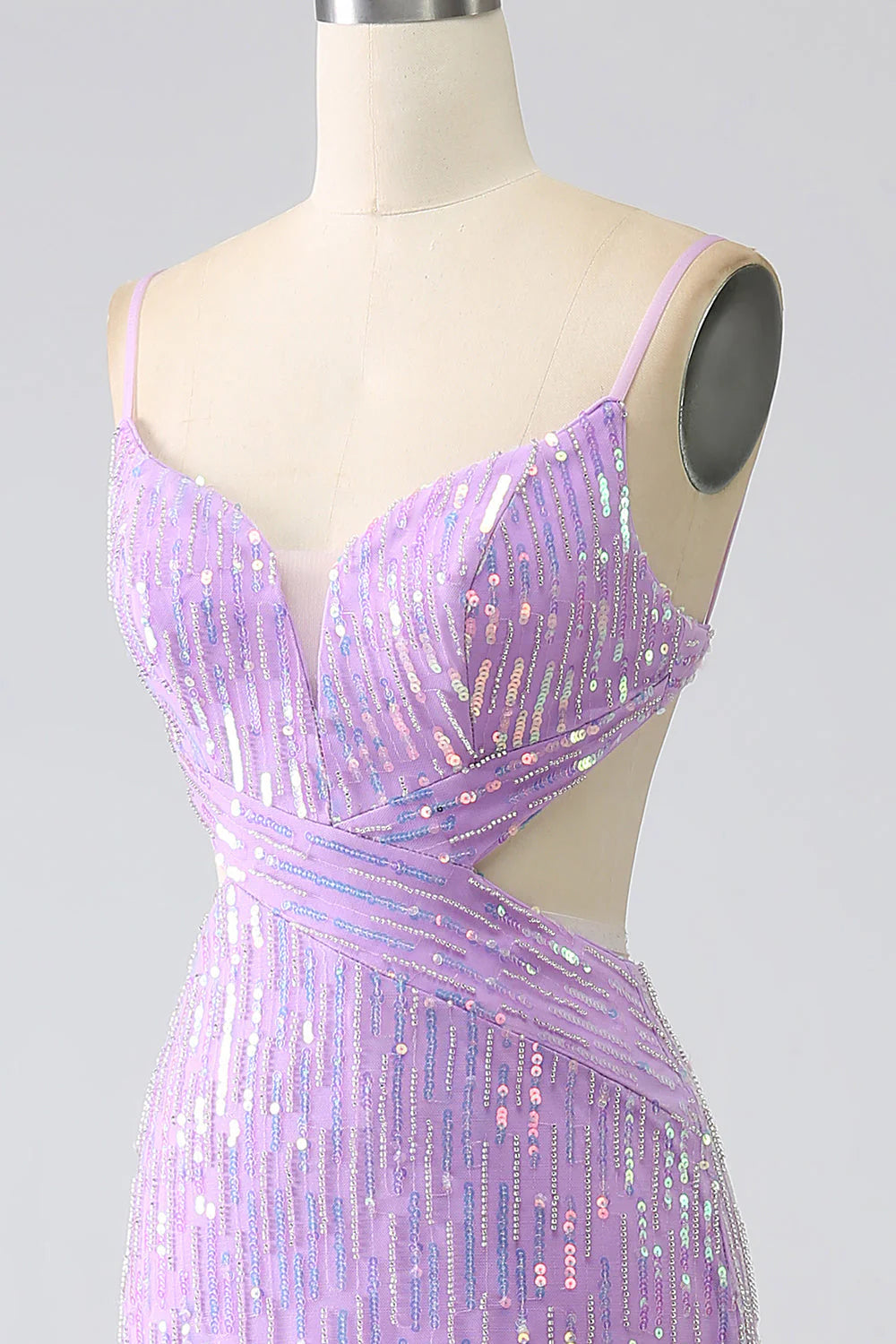 Sparkly Purple V-Neck Mermaid Sequins Spaghetti Straps Backless Prom Dress