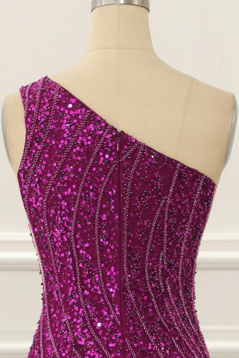 One Shoulder Purple Sleeveless Tulle Beaded Floor-Length Prom Dress with Slit 