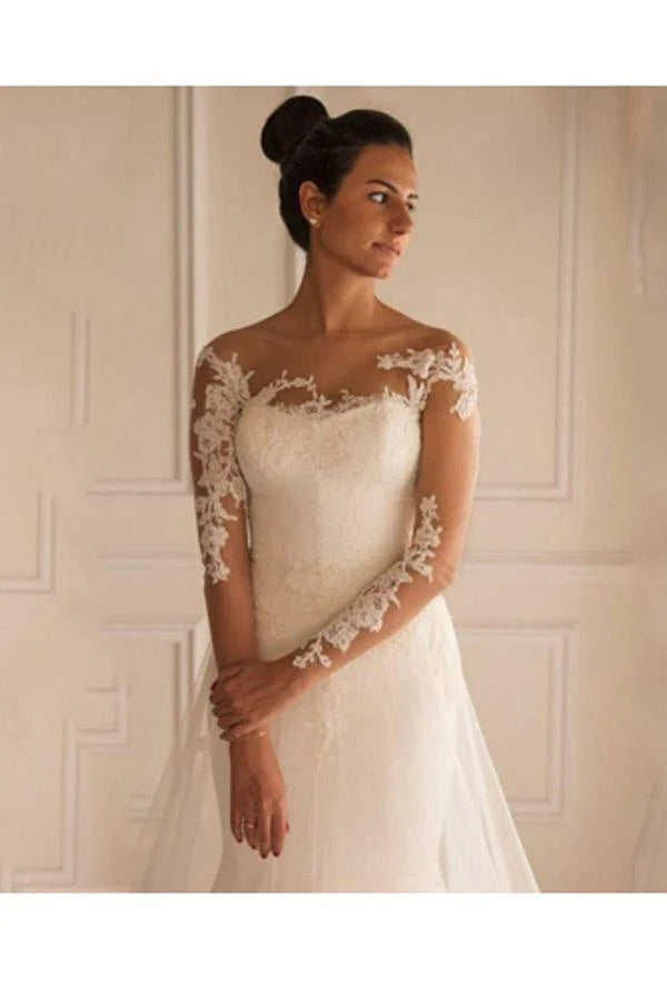 Long Sleeves Appliques Button Floor-Length Mermaid Wedding Dress