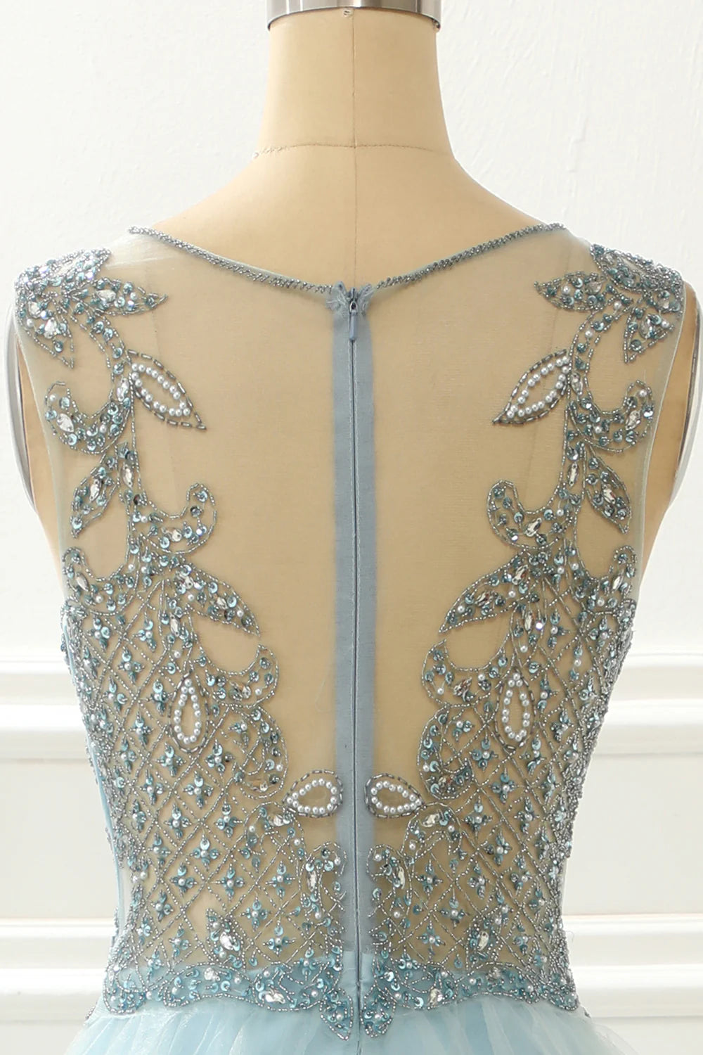 Light Blue Tulle A Line Plunge V Beading Unique design Prom Dress with Appliques