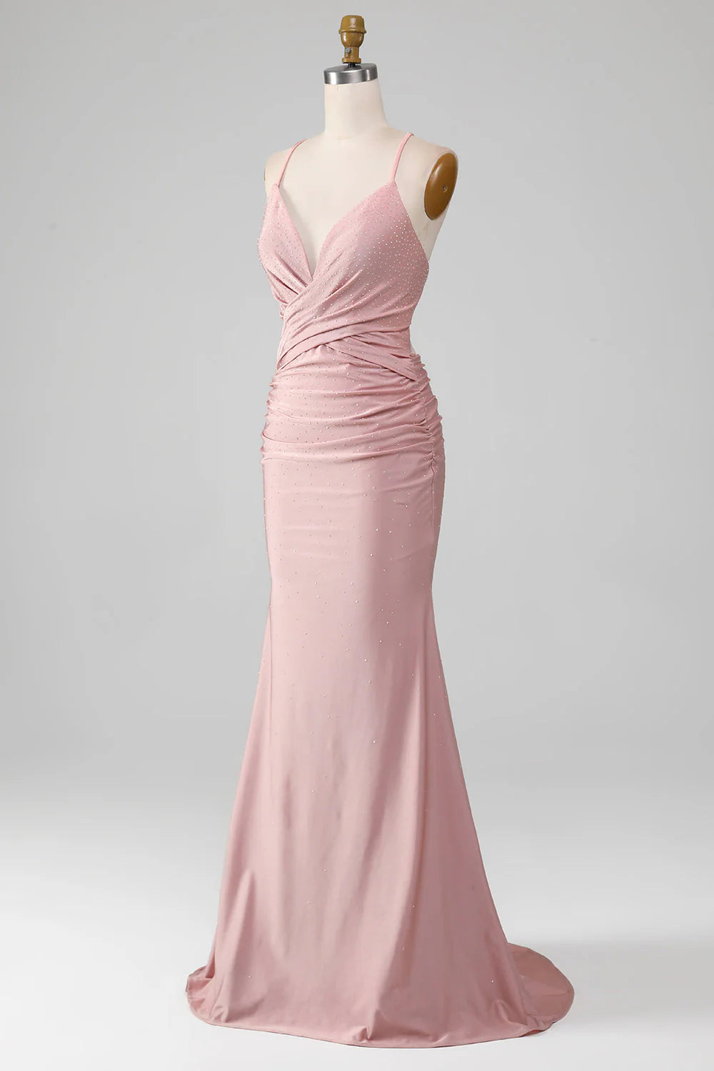 Sparkly Blush V-Neck Spaghetti Strap Beaded Lace-Up Back Long Mermaid Prom Dress