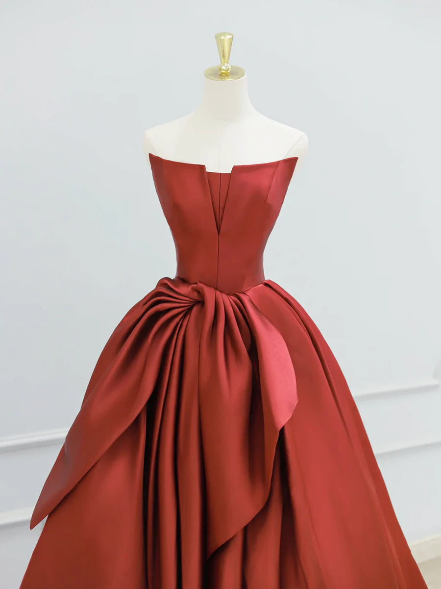 A-Line Burgundy Strapless Satin Evening Party Dress Long Prom Dress With Bow
