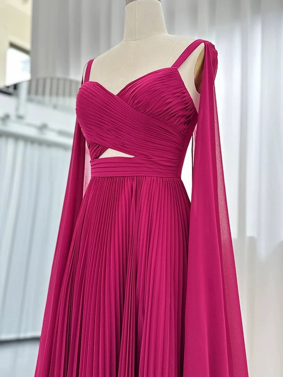 Elegant Fuchsia Spaghetti Strap V-Neck Party Formal Dresses Chiffon Long Evening Dresses with Cape Sleeves