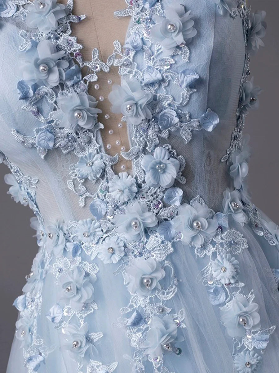 A-Line Evening Party Dress Sweep/Brush Train Light Blue Tulle Lace Long Prom Dress