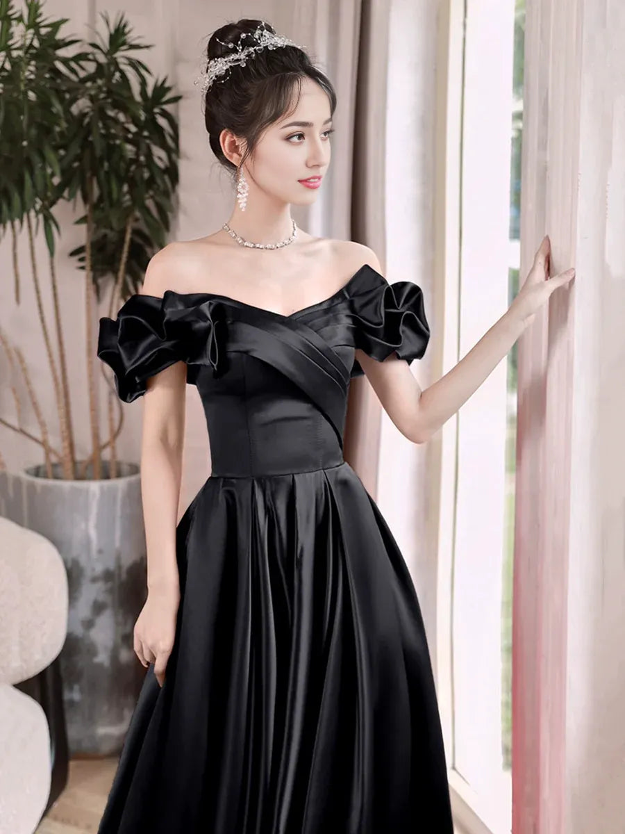 A-Line Black Satin Long Prom Dress Black Off the Shoulder Evening Party Dress