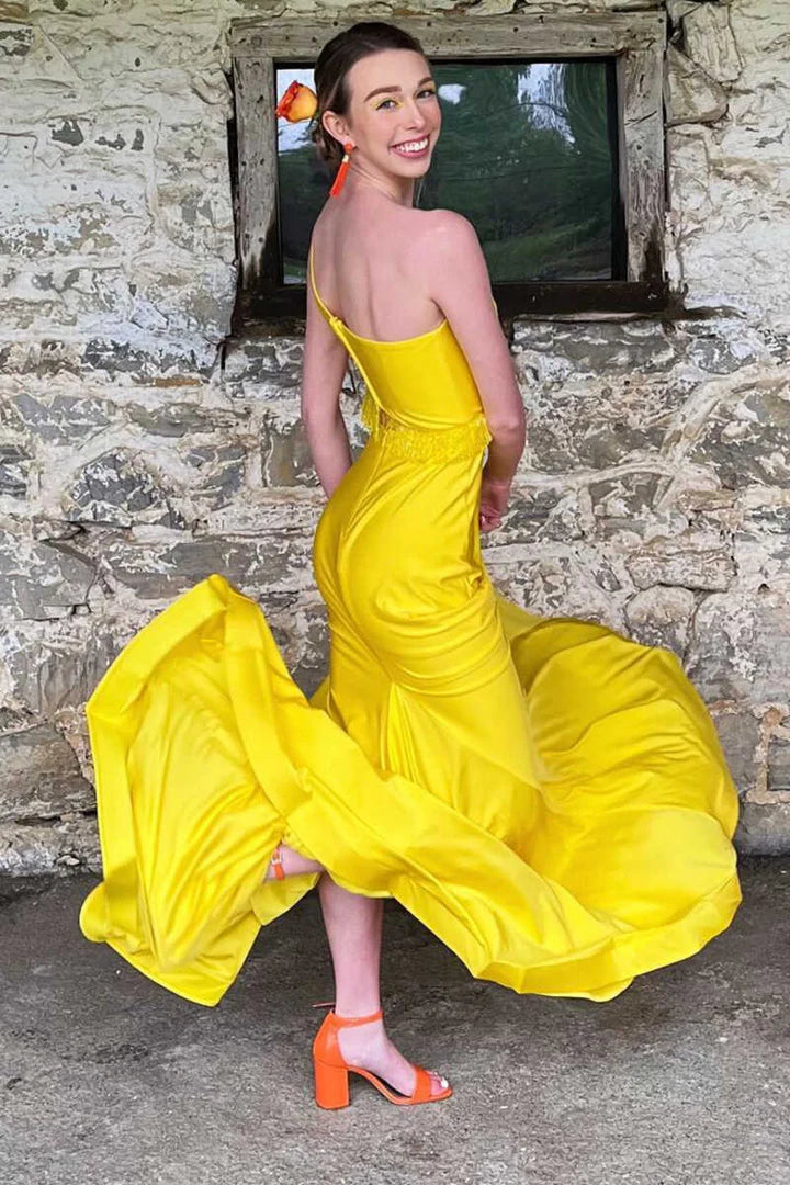 Two-Piece One-Shoulder Fringe Long Prom Dress with Slit
