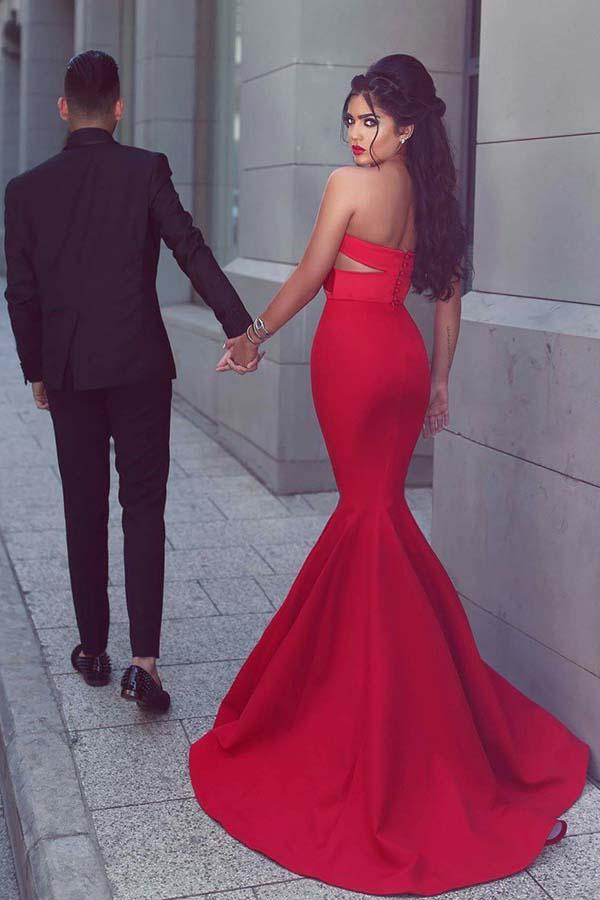 Sheath Mermaid Sweep/Brush Train Dresses Strapless Red Satin Prom Dress