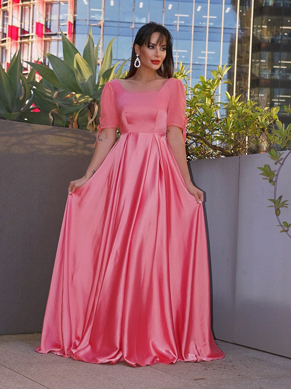 A-Line/Princess Square 1/2 Sleeves Woven Satin Ruffles Floor-Length Dresses