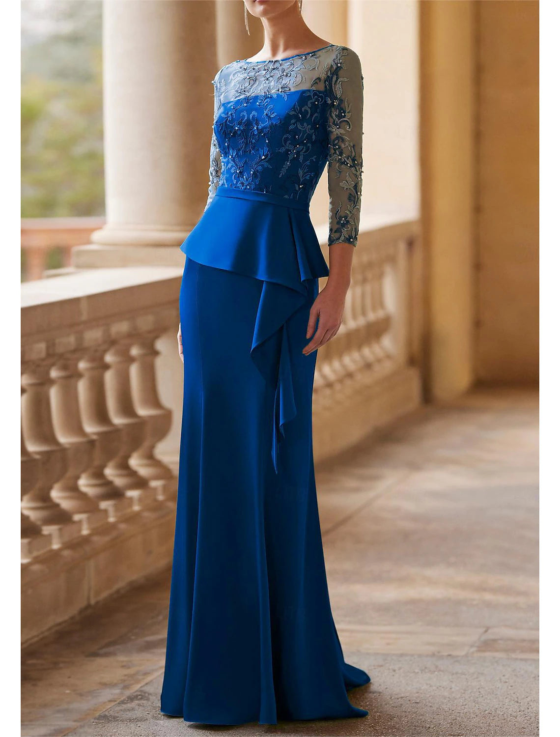 Sheath Mermaid Trumpet Wedding Guest Dress Illusion Neck 3/4 Length Sleeve Party Dress Floor Length Lace Stretch Fabric Dress with Sash / Ribbon Ruched Beading