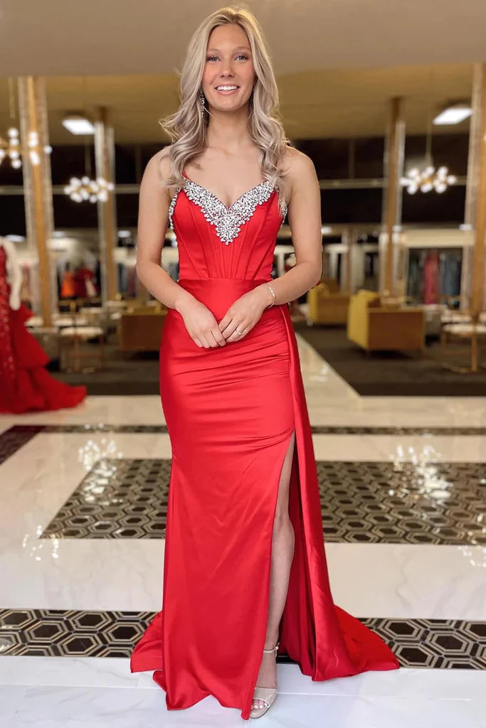 Beading V-Neck Long Prom Dress with Attached Train