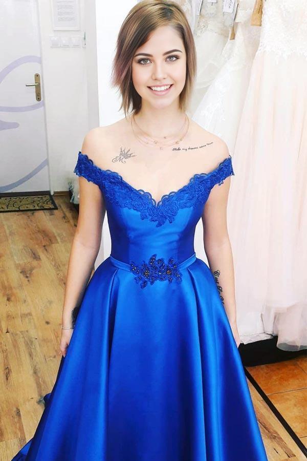 A Line Off the Shoulder Royal Blue Long Prom Dress with Lace-Up Back