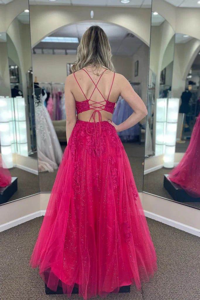 A-line Tulle Scoop Neckline Applique Slit Long Prom Dress