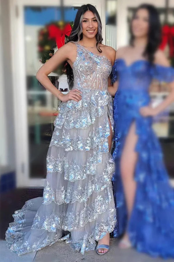Tulle Sequin One-Shoulder Long Prom Dress with Slit